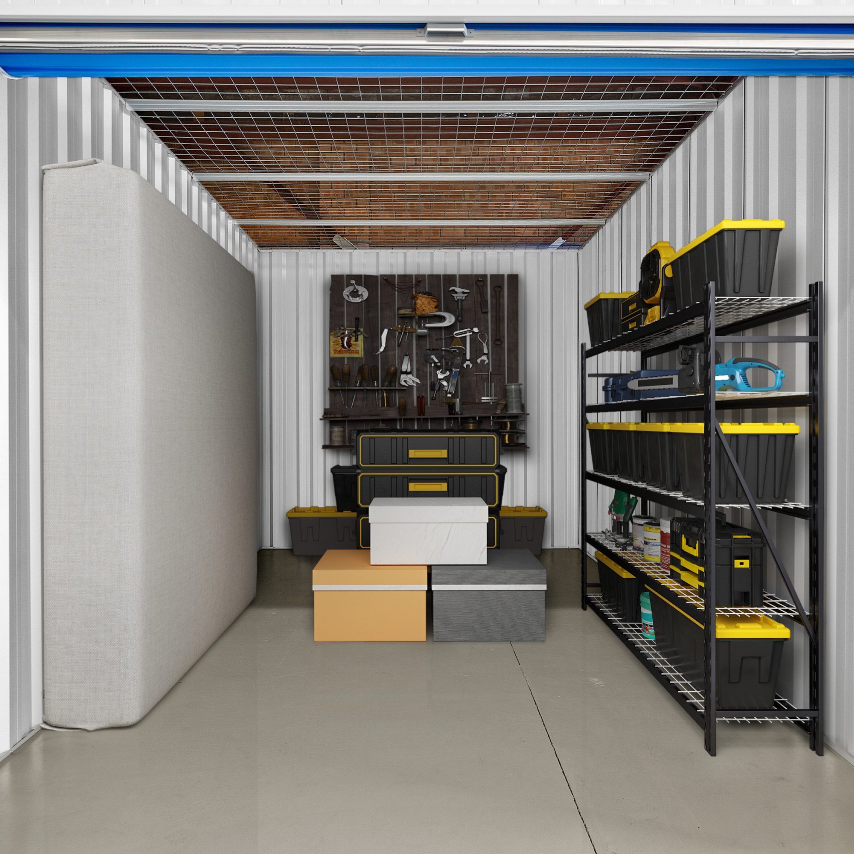 The inside of a storage unit with shelves and tools.