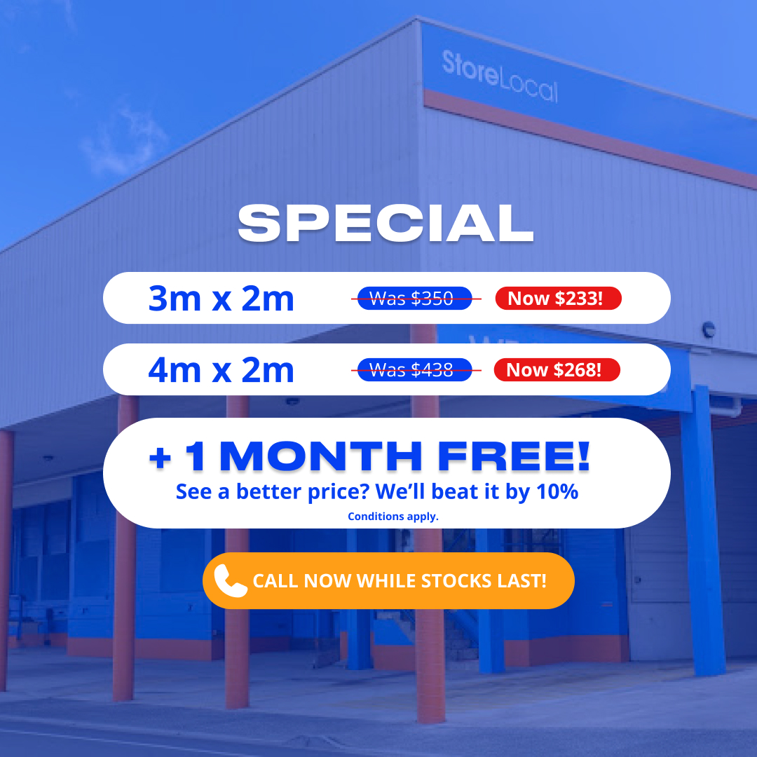 A promotional sign displaying a special offer for a storage unit, featuring bold text and eye-catching graphics.