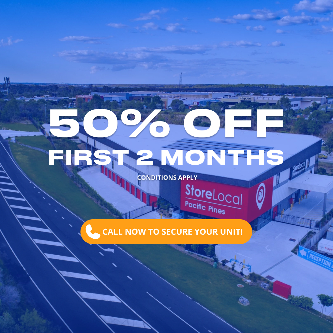 Advertisement highlighting a 50% discount on the first two months at self storage facility in Pacific Pines