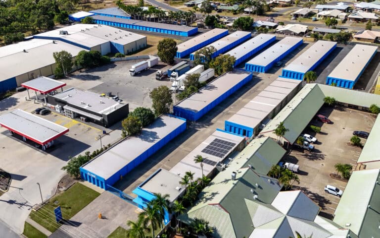 self storage facility in north rockhampton as an aerial view showing storage sheds and drive up access