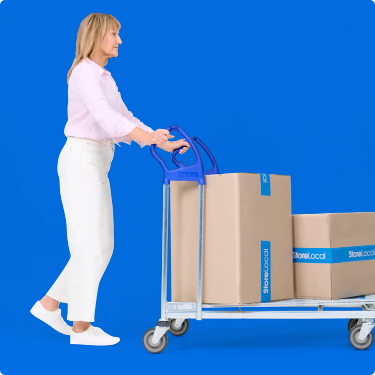 A woman pushing a cart full of boxes on a blue background.