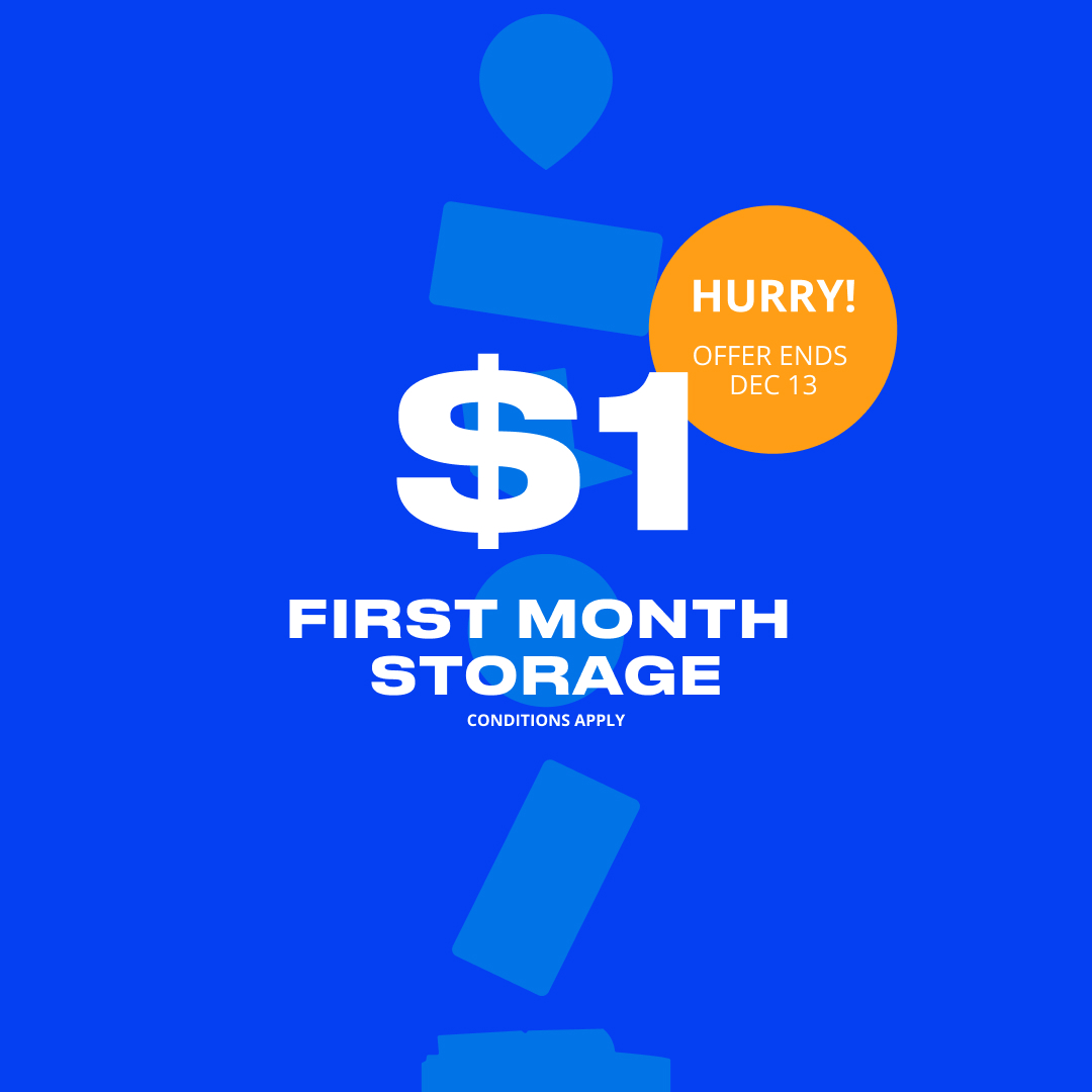 A blue background with the words $ 1 first month storage.