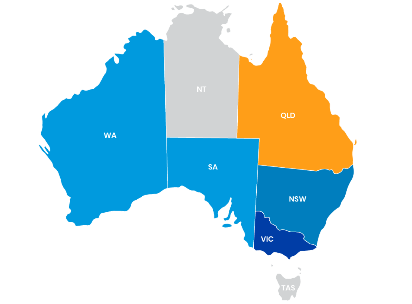 A map of australia with the states highlighted in blue and orange.