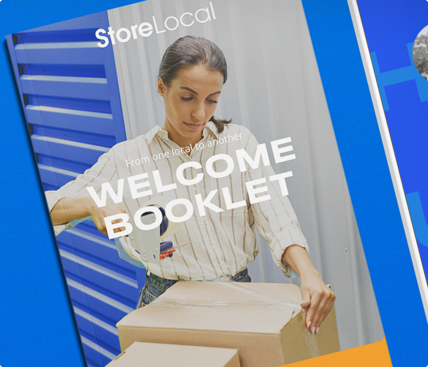 A woman is opening a box with the words storelocal welcome booklet.