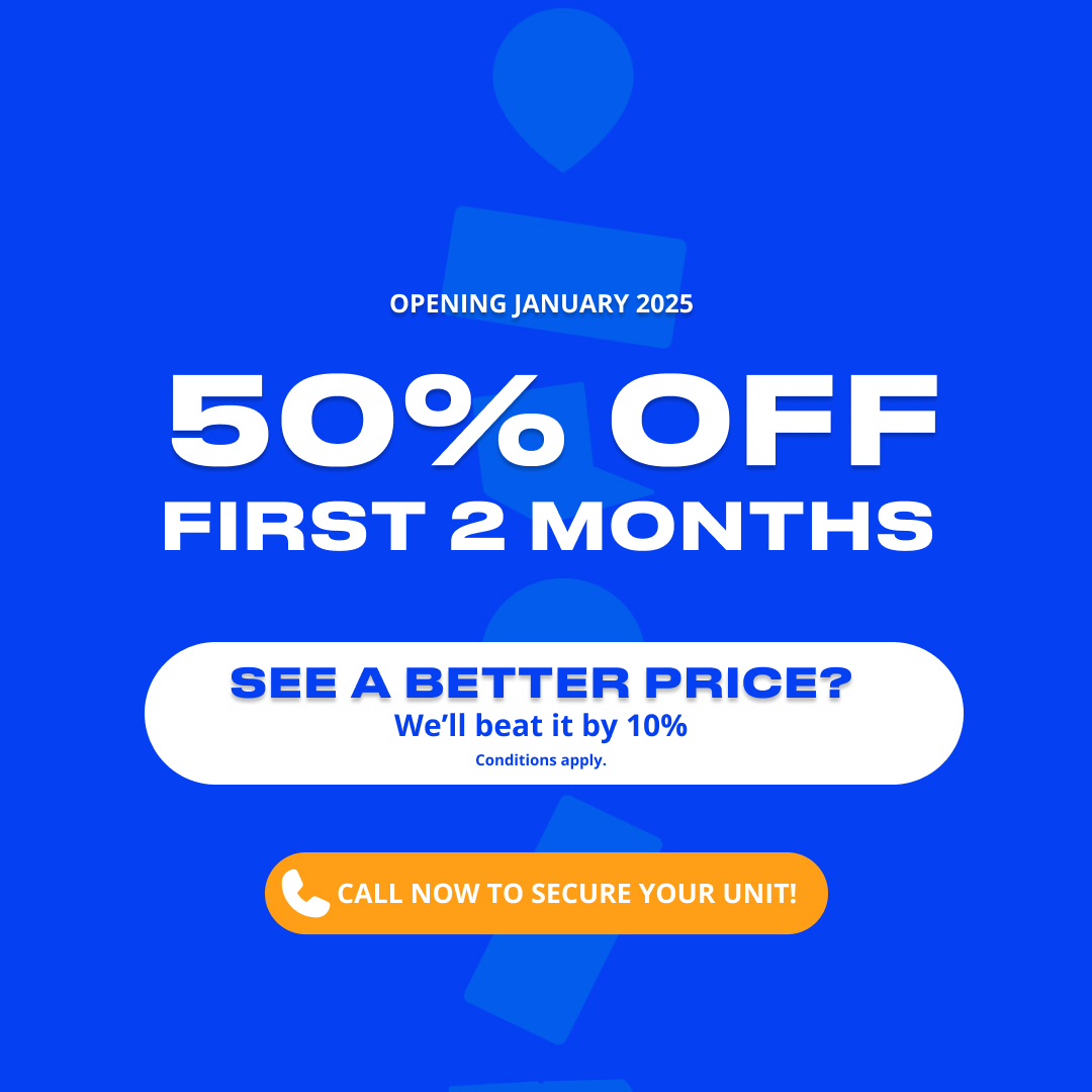 Promotional advertisement with a bright blue background offering '50% OFF first 2 months' for a service or product, starting January 2025. A message below invites customers to see a better price, promising to beat it by 10%, with conditions applying. A prominent orange button at the bottom states, 'Call now to secure your unit!'