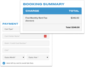 Screenshot of a booking summary and payment form. The booking summary shows a charge of $346.00 for the first monthly rent fee. The payment form includes fields for card type, cardholder name, card number, CVV, expiration month, and year, with an option to auto-bill the card to avoid late fees.