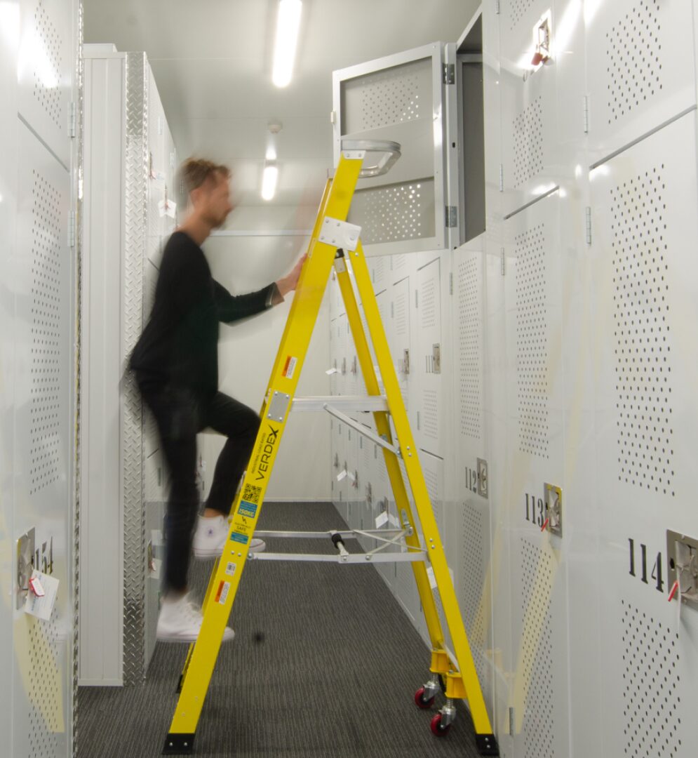 wine storage ladder in hallway